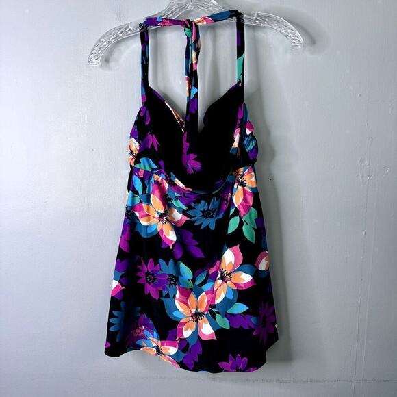 Tropical Escape Floral One Piece Halter Twist Swim Dress Black Multi Womens Sz 6 - Picture 10 of 12